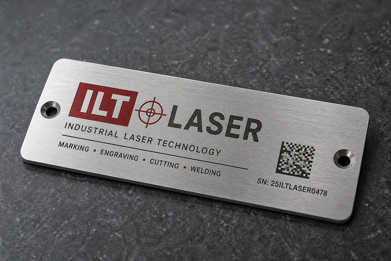 Máquina láser grabando el logotipo ILT LASER en placa metálica
