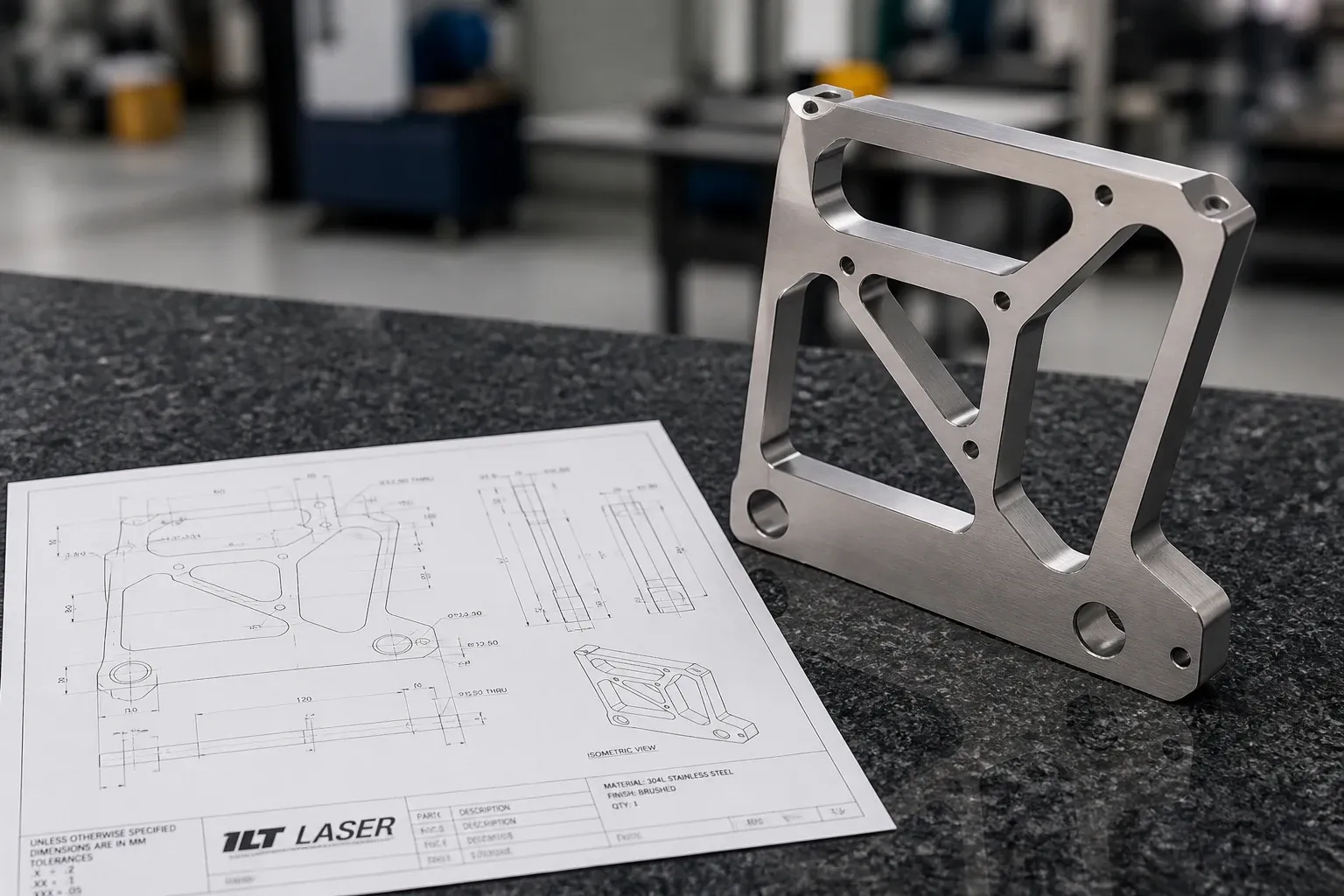 Pieza metálica fabricada bajo diseño junto a plano técnico